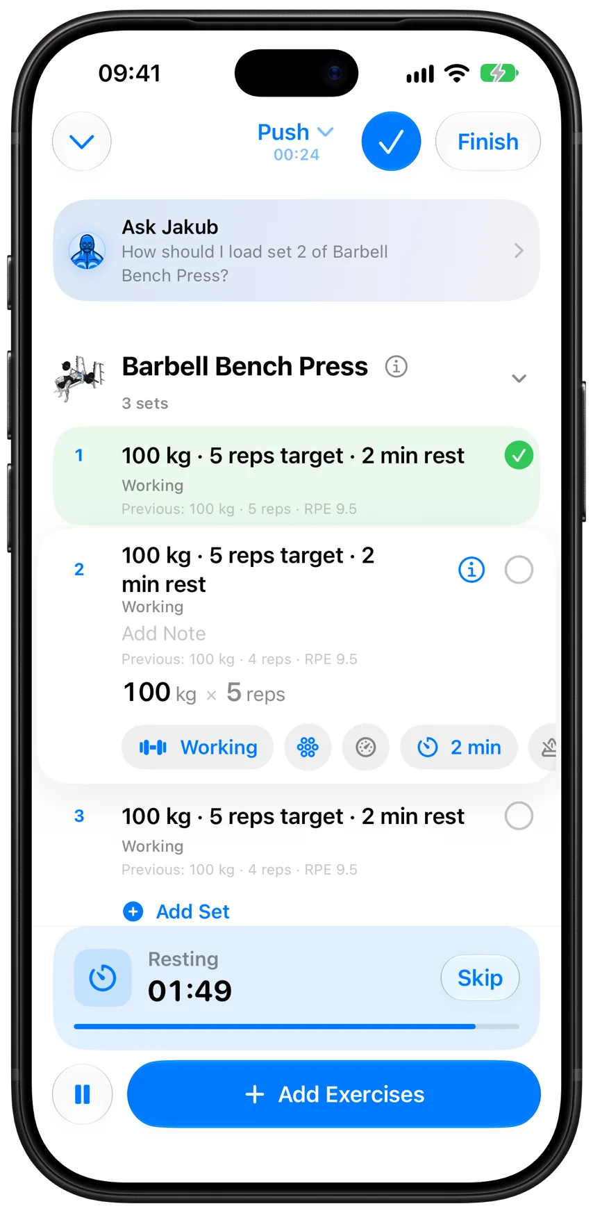 A Push workout in progress in Athleon: bench press sets, the next set open for editing and the rest timer