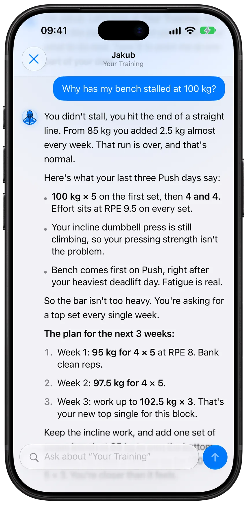 Asking Jakub in Athleon why bench press has stalled near 100 kg, with Jakub’s answer drawn from the logged sets
