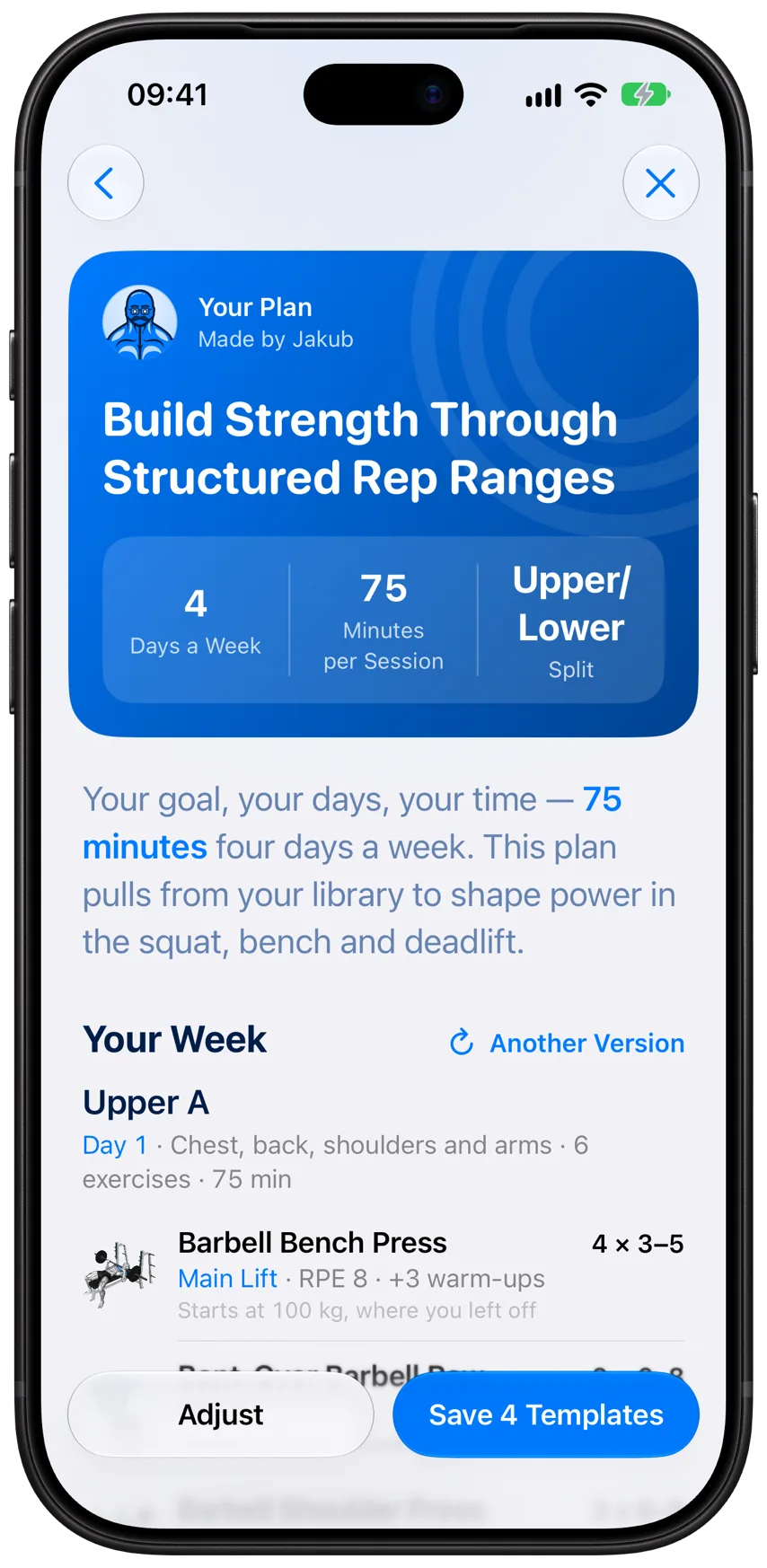 A plan built with Jakub in Athleon: four days a week, 75 minutes a session, upper and lower days, ready to save as templates