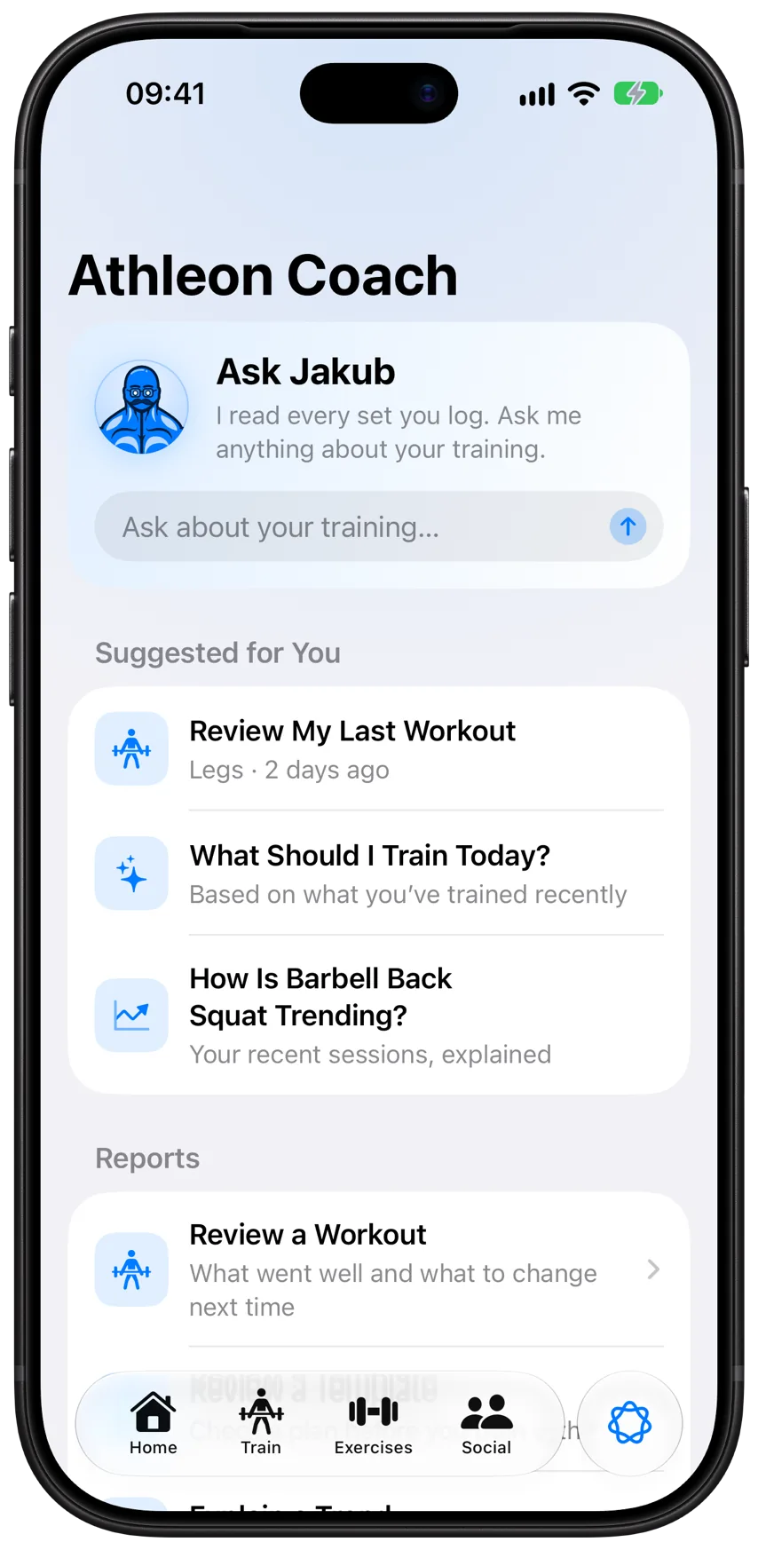 The Coach tab in Athleon: Ask Jakub, questions suggested for you and the start of Reports