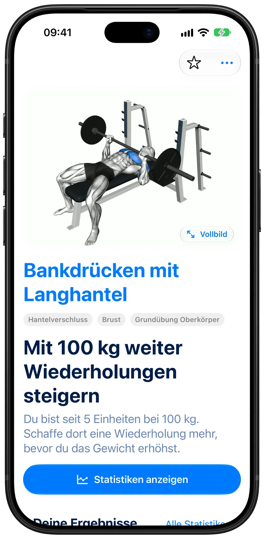 Bankdrücken mit Langhantel in Athleon, mit dem Rat, bei 100 kg weiter Wiederholungen aufzubauen, und deinen Ergebnissen