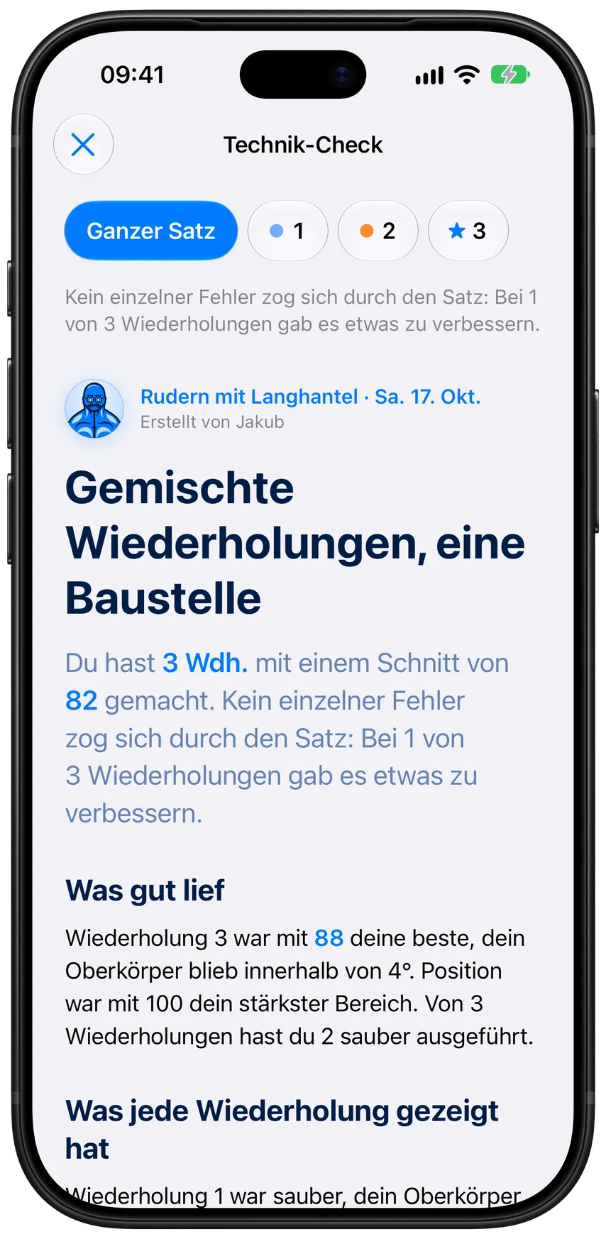 Ein Technik-Check-Bericht in Athleon: Jakubs Urteil zu einem Satz Rudern mit Langhantel, eine Markierung für jede Wiederholung und was gut lief