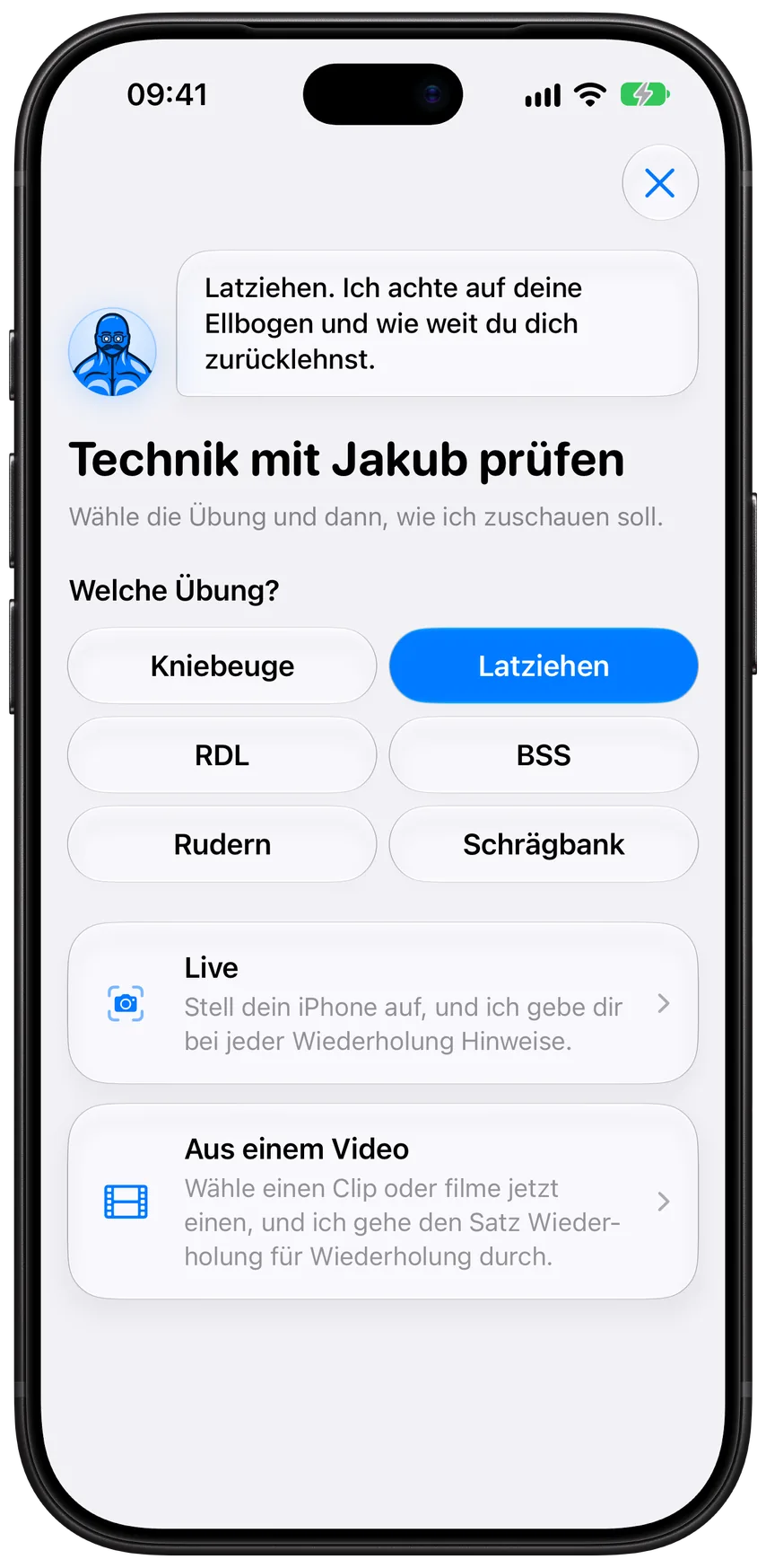 Einen Technik-Check mit Jakub in Athleon starten: eine von sechs Übungen wählen und sie dann live oder aus einem Video prüfen