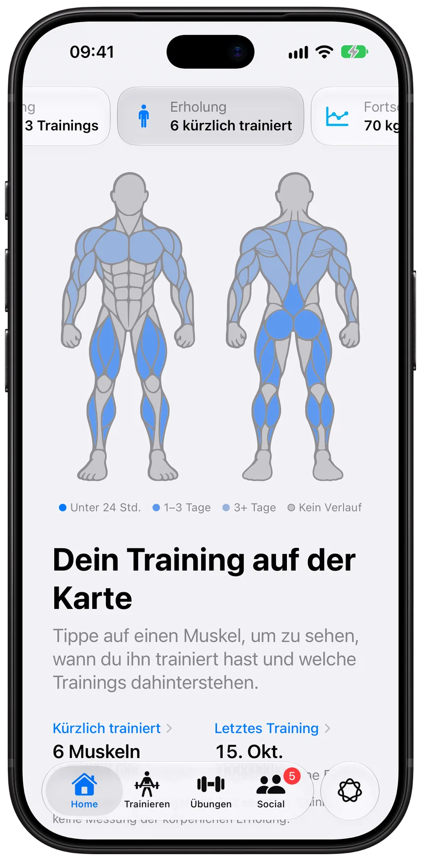 Die Seite „Erholung“ in Athleon: Muskelkarten von vorn und hinten mit den Muskeln, die in den letzten Tagen trainiert wurden