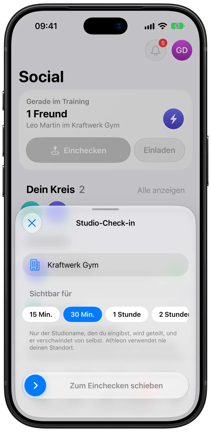 Der Studio-Check-in in Athleon, mit dem dein Kreis erfährt, dass du im Kraftwerk Gym bist