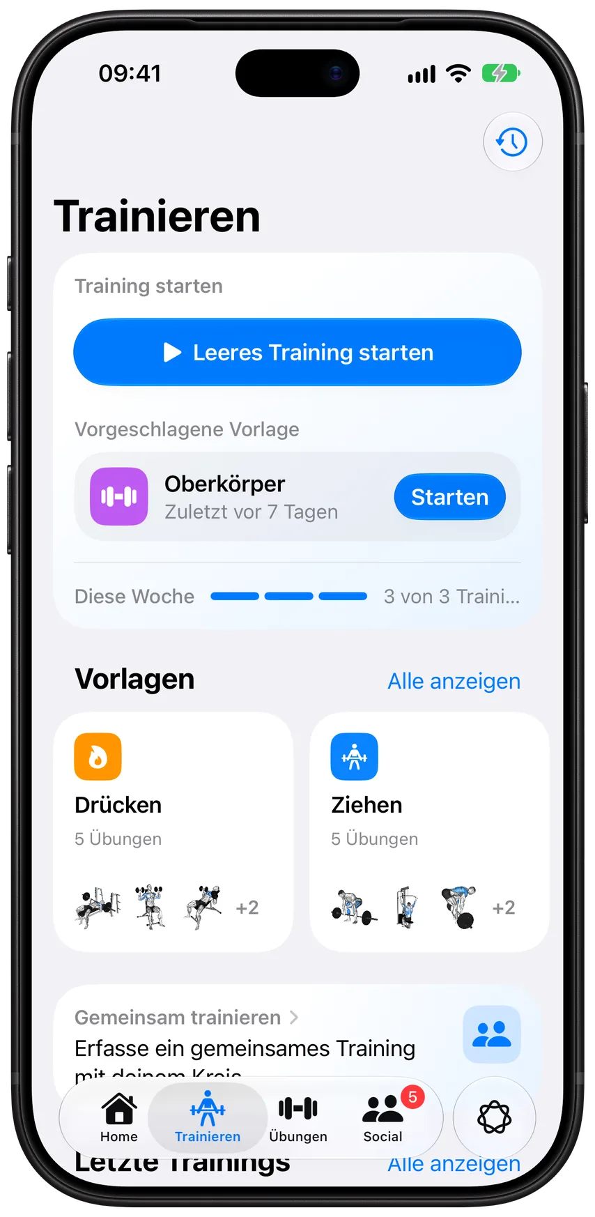Der Tab „Trainieren“ in Athleon: das nächste Training startklar, der Fortschritt dieser Woche und deine Vorlagen
