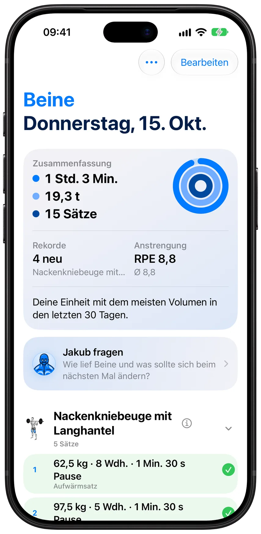 Ein abgeschlossenes Beintraining in Athleon: gut eine Stunde, 19,3 Tonnen bewegt, 15 Sätze und vier neue Bestleistungen