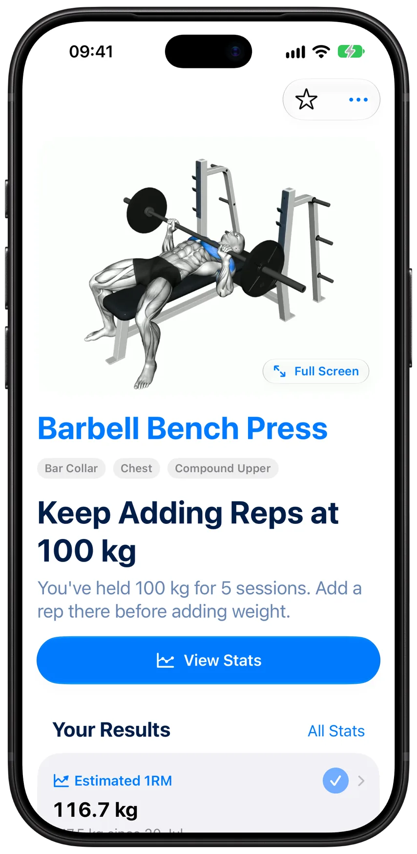 Barbell bench press in Athleon, with the advice to keep adding reps at 100 kg and your results