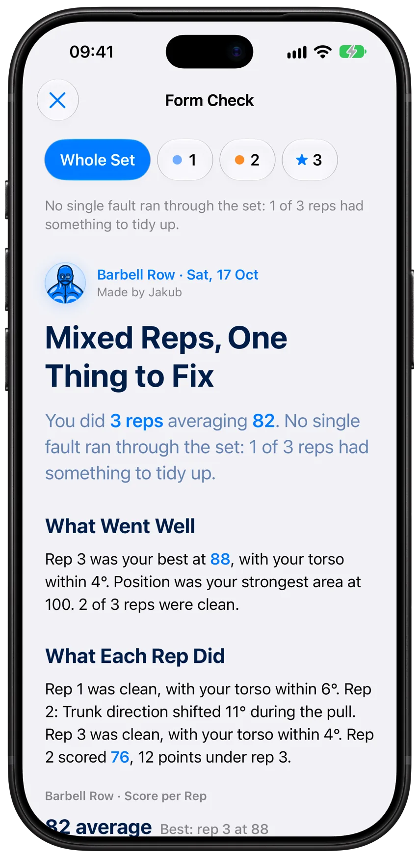 A Form Check report in Athleon: Jakub’s verdict on a set of barbell rows, a chip for each rep and what went well