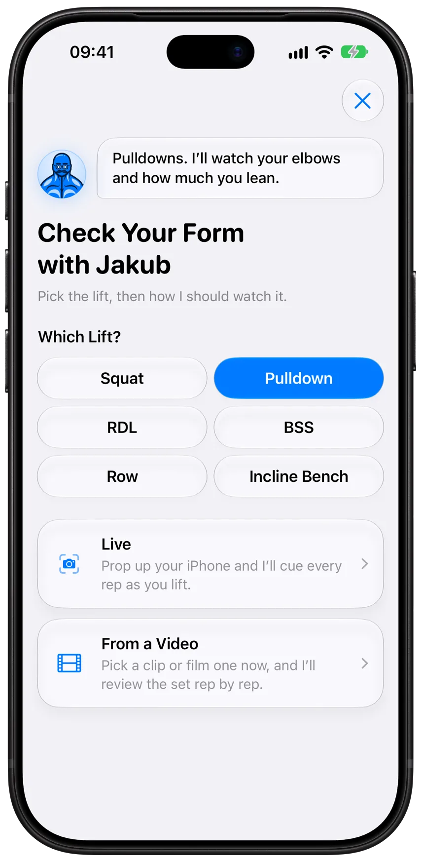 Starting a Form Check with Jakub in Athleon: pick one of six lifts, then check it live or from a video