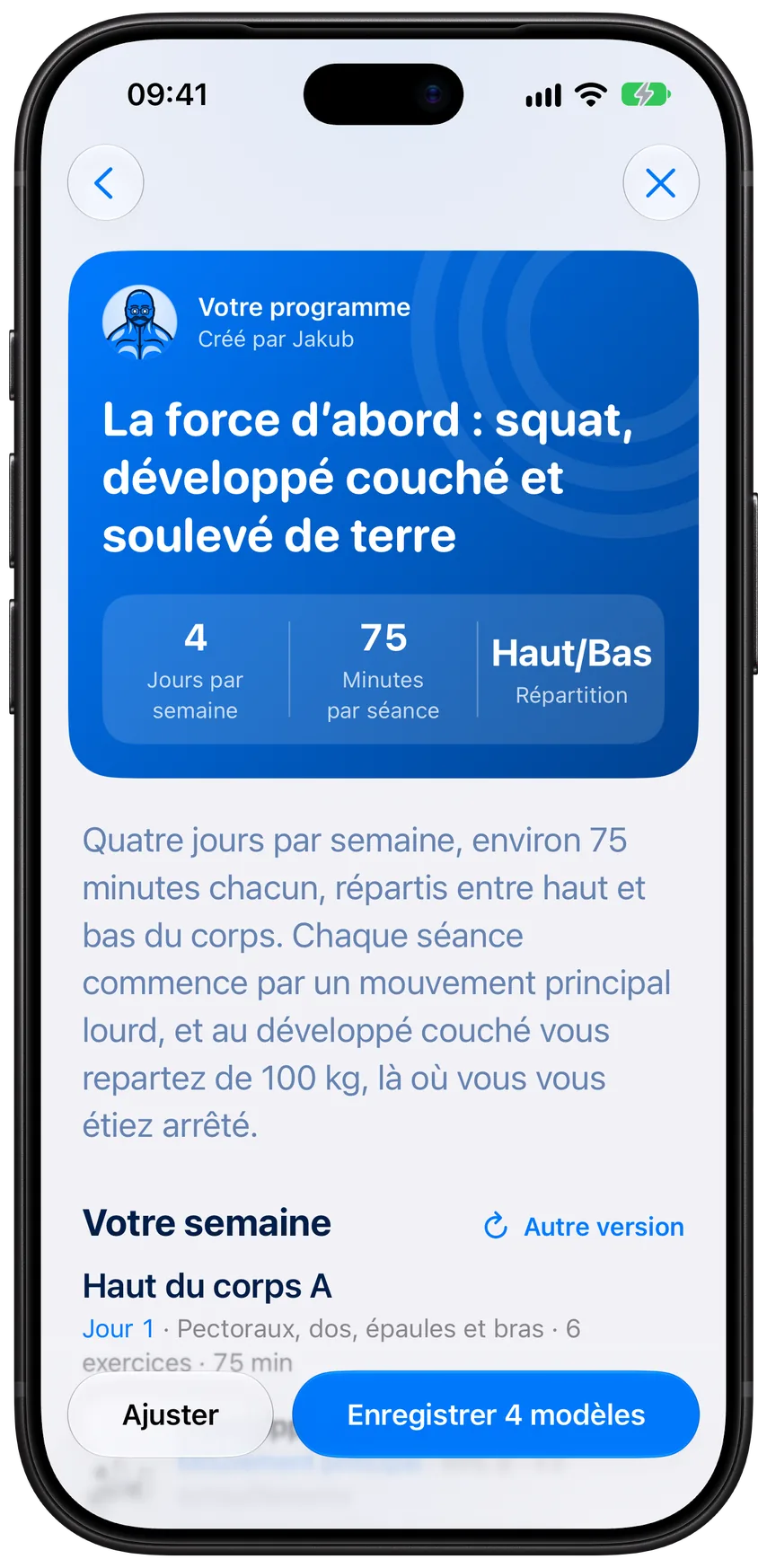Un plan créé avec Jakub dans Athleon&nbsp;: quatre jours par semaine, 75&nbsp;minutes par séance, en alternant haut et bas du corps, prêt à être enregistré sous forme de modèles