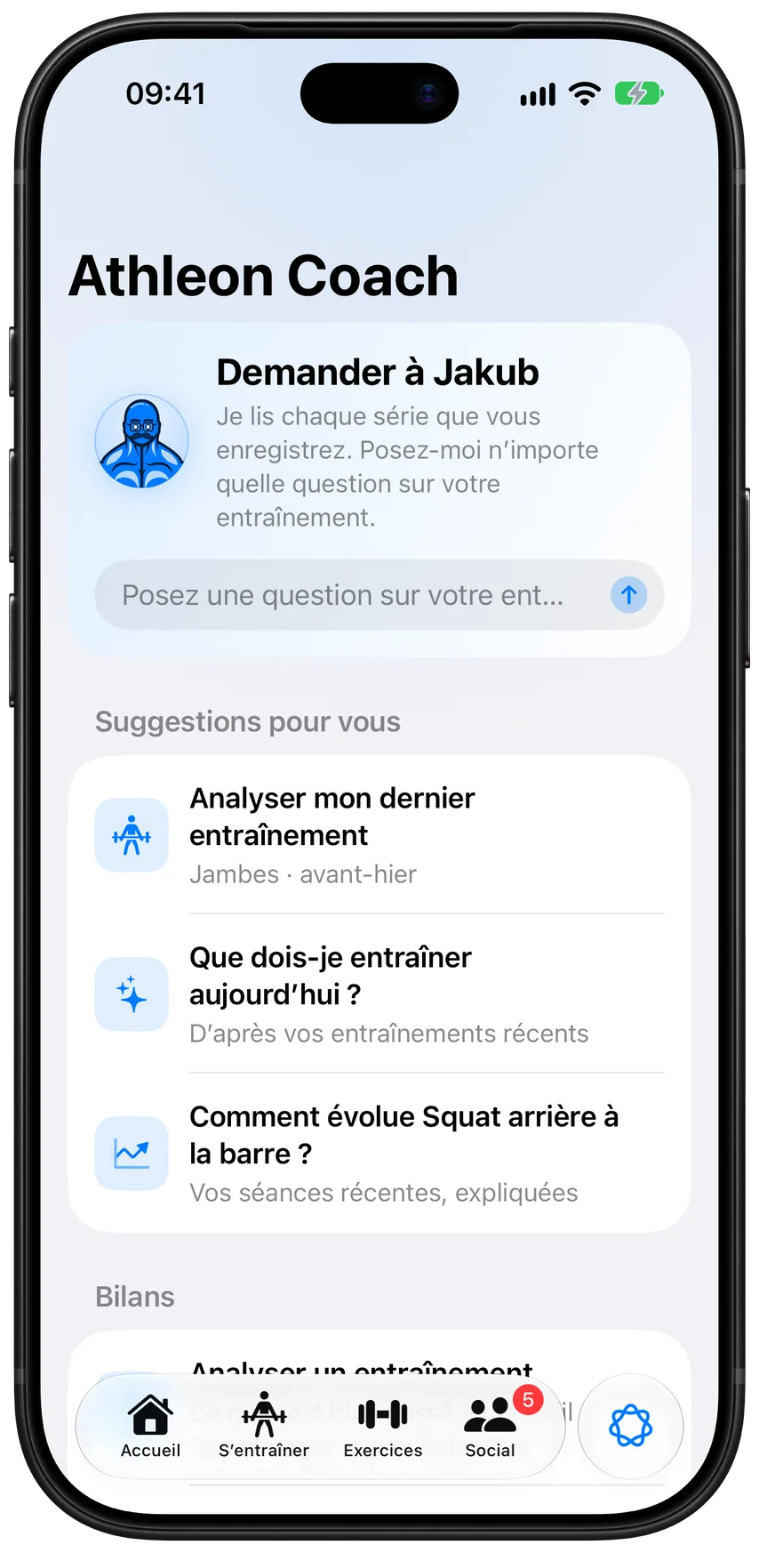 L’onglet Coach dans Athleon&nbsp;: Demander à Jakub, Suggestions pour vous et le début des Bilans