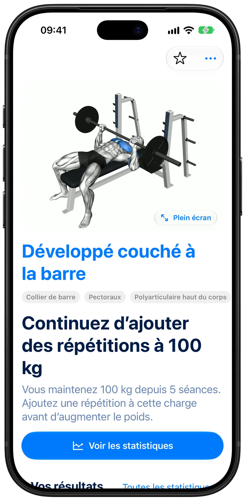 Le développé couché à la barre dans Athleon, avec le conseil de continuer à ajouter des répétitions à 100&nbsp;kg, et vos résultats