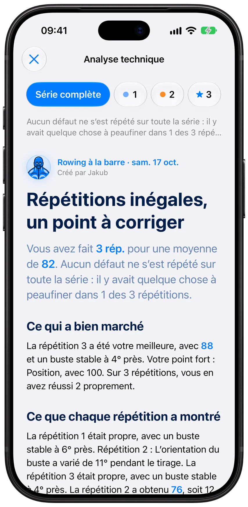 Un rapport d’Analyse technique dans Athleon&nbsp;: le verdict de Jakub sur une série de rowing à la barre, une pastille par répétition et ce qui a bien marché