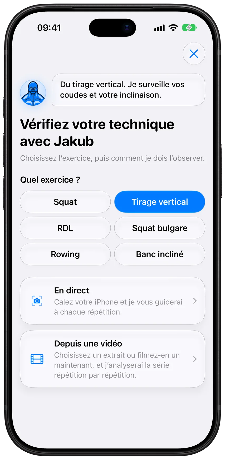 Lancement d’une Analyse technique avec Jakub dans Athleon&nbsp;: choisissez l’un des six mouvements, puis analysez-le en direct ou depuis une vidéo