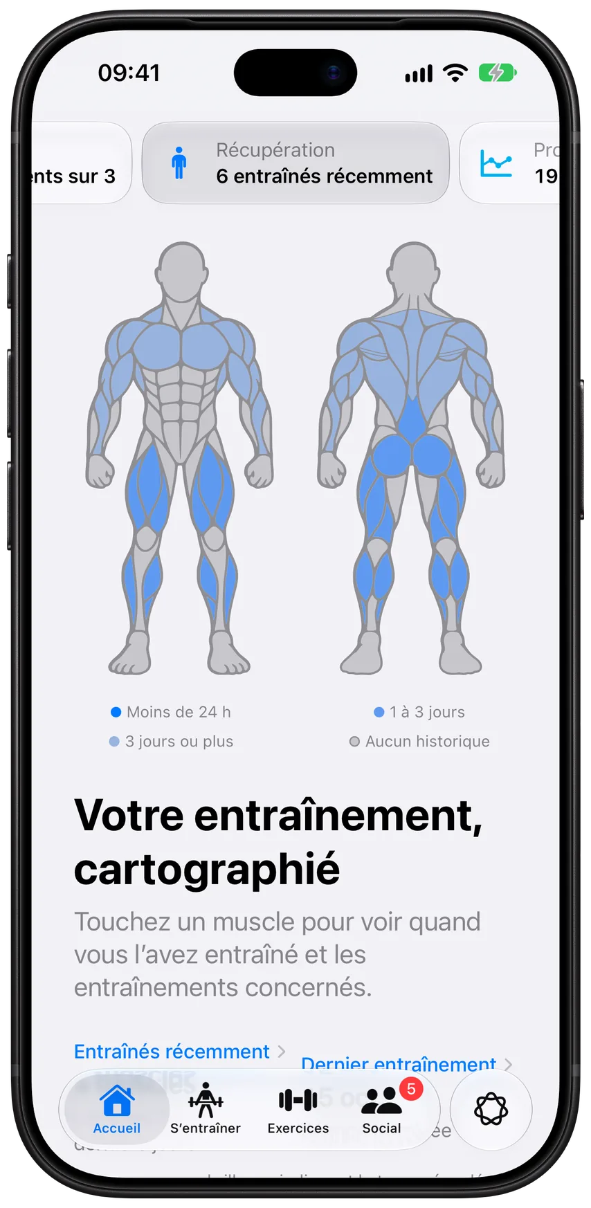 La page Récupération d’Athleon&nbsp;: les cartes musculaires de face et de dos des muscles travaillés ces derniers jours
