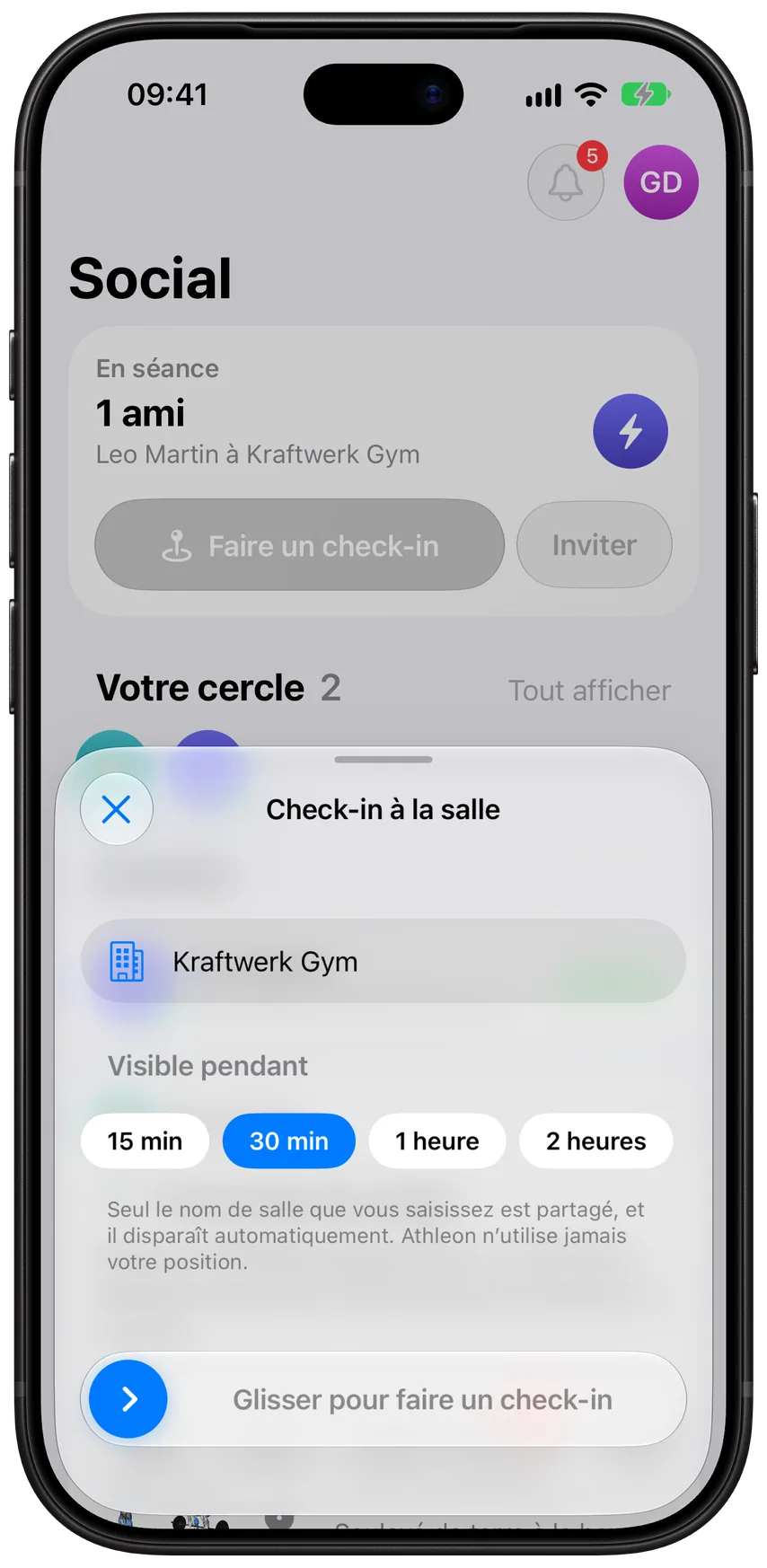 La fenêtre Check-in à la salle dans Athleon, qui prévient votre cercle que vous êtes à Kraftwerk Gym