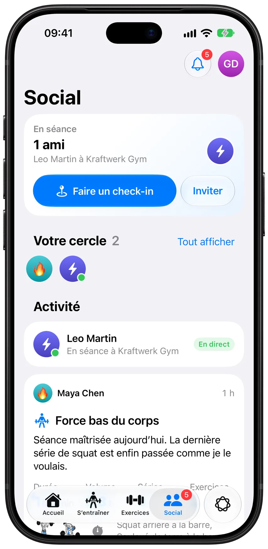 L’onglet Social d’Athleon&nbsp;: un ami en séance, votre cercle et ses derniers entraînements