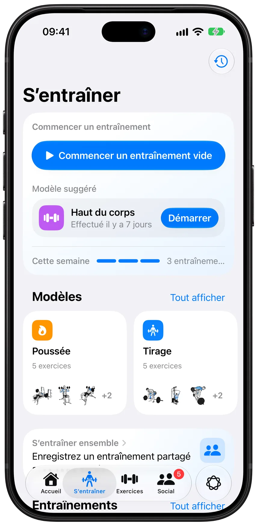 L’onglet S’entraîner d’Athleon&nbsp;: le prochain entraînement prêt à démarrer, la progression de la semaine et vos modèles