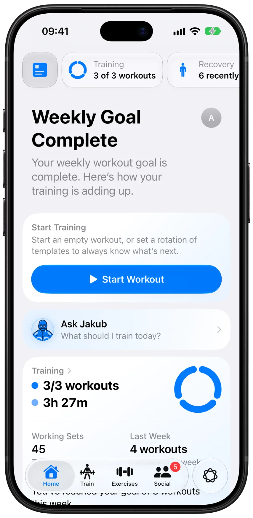Athleon’s Home screen: the weekly goal complete, Start Workout, Ask Jakub and this week’s training ring