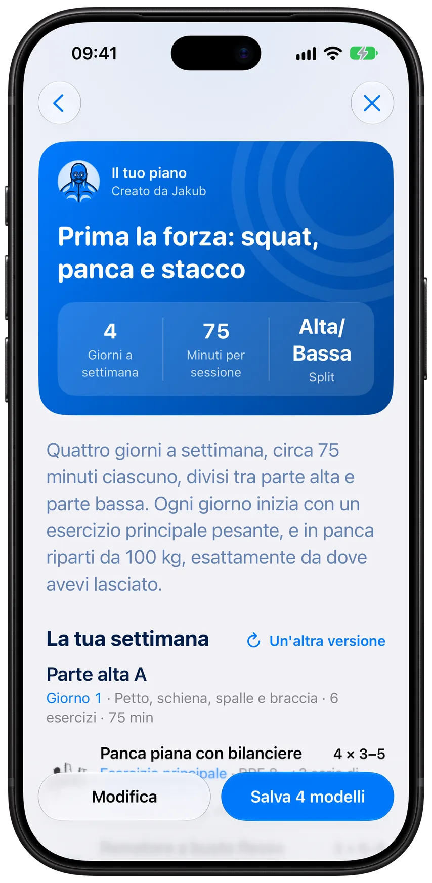Un piano creato con Jakub in Athleon: quattro giorni a settimana, 75 minuti a sessione, giornate per la parte superiore e inferiore del corpo, pronto da salvare come modelli