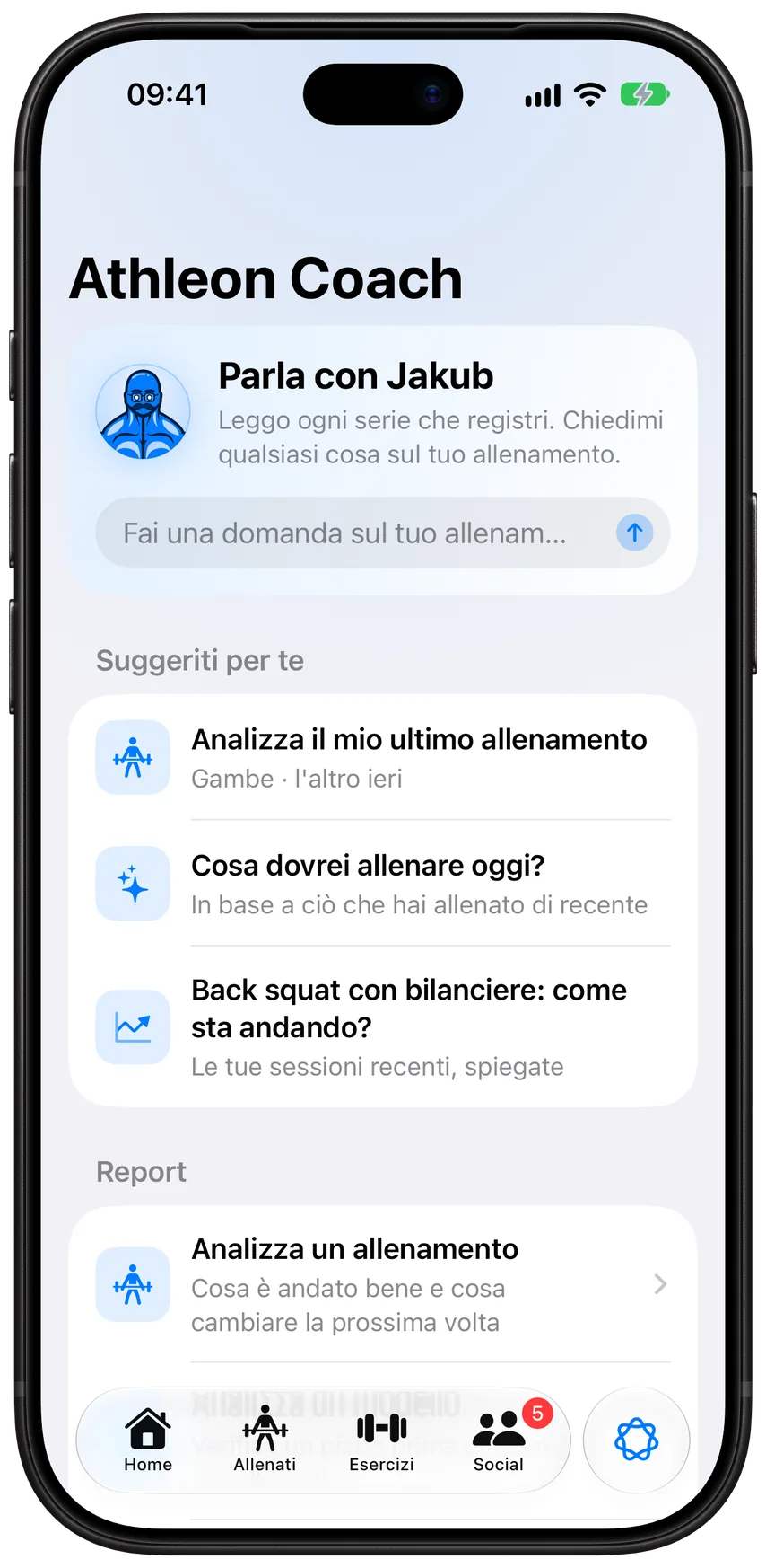 La scheda Coach di Athleon: «Parla con Jakub», le domande suggerite per te e l’inizio dei Report