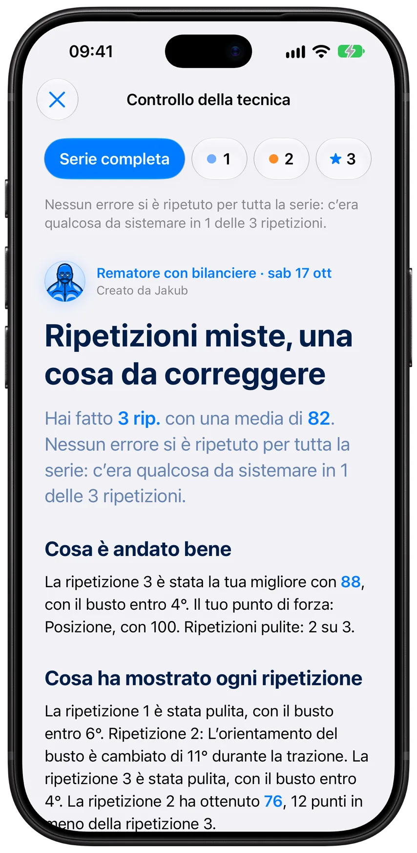 Un report del Controllo della tecnica in Athleon: il verdetto di Jakub su una serie di rematore con bilanciere, un indicatore per ogni ripetizione e cosa è andato bene