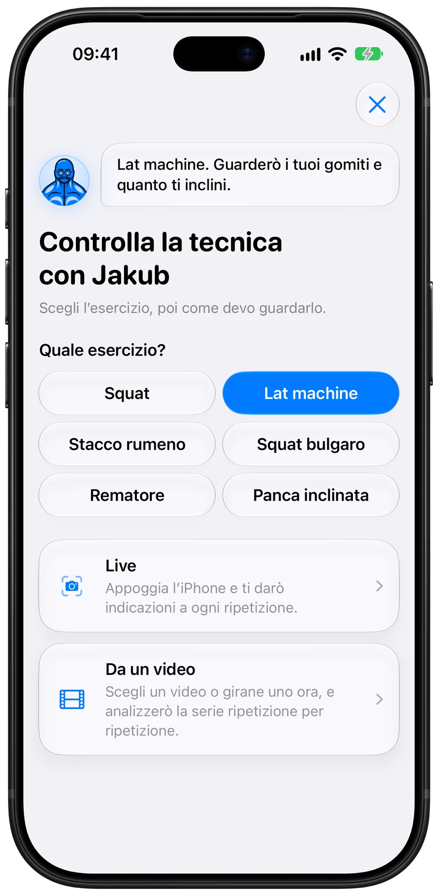 L’avvio di un Controllo della tecnica con Jakub in Athleon: scegli uno dei sei esercizi, poi controllalo dal vivo o da un video