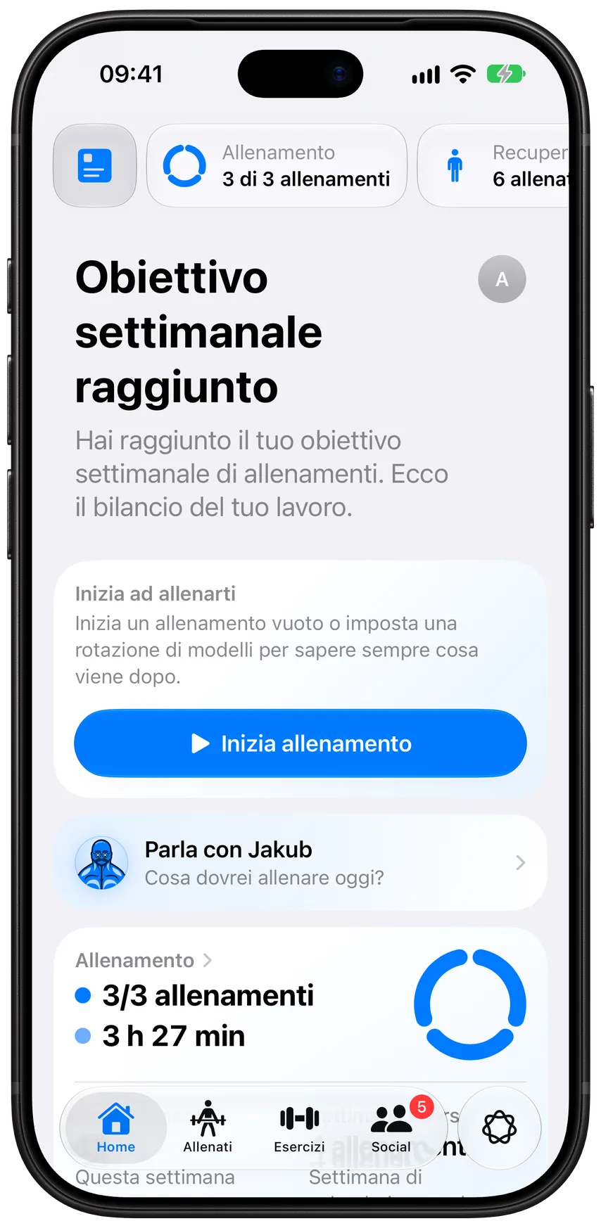 La scheda Home di Athleon: l’obiettivo settimanale raggiunto, «Inizia allenamento», «Parla con Jakub» e l’anello di allenamento di questa settimana