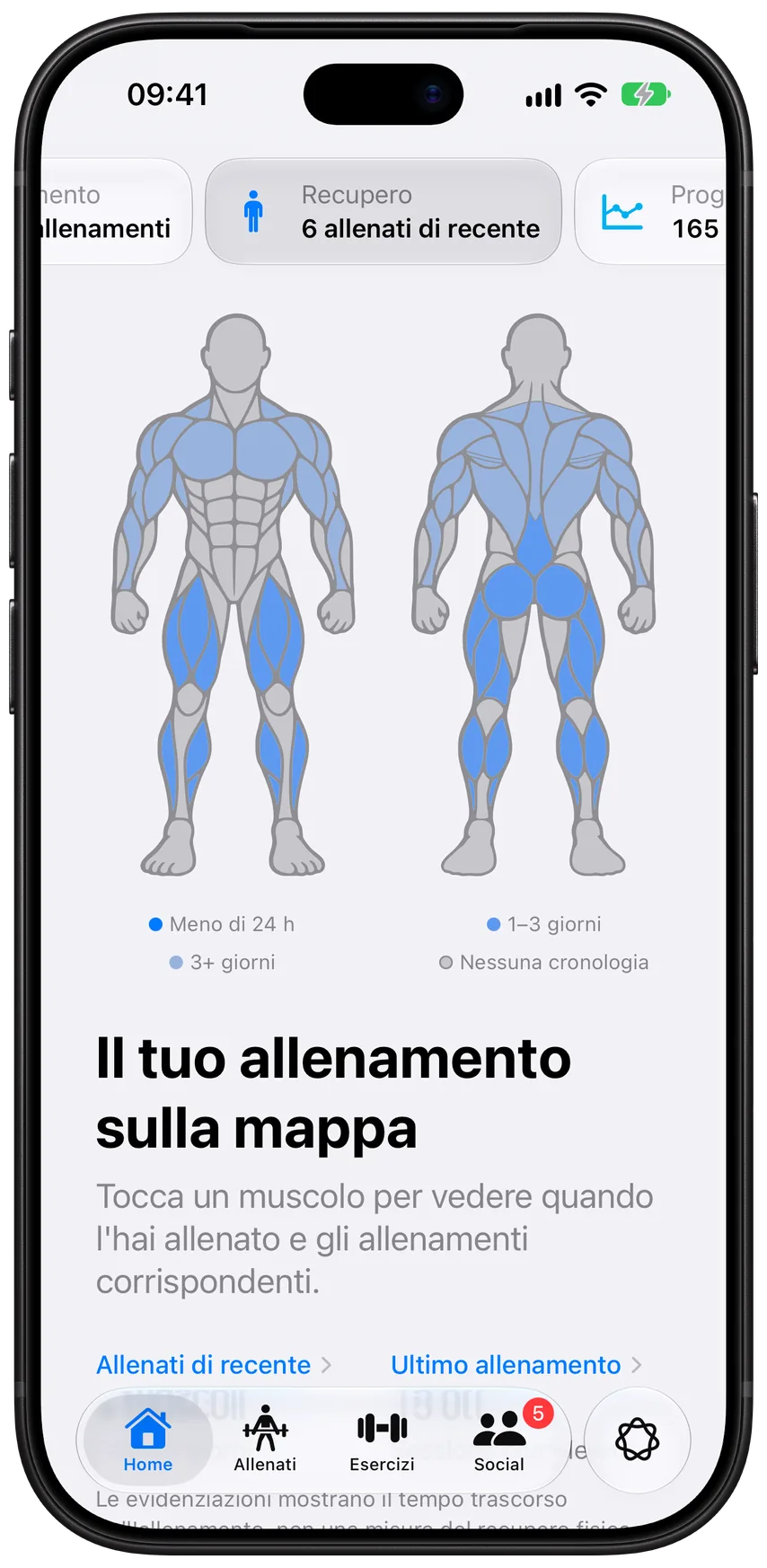 La pagina Recupero di Athleon: mappe muscolari fronte e retro dei muscoli allenati negli ultimi giorni