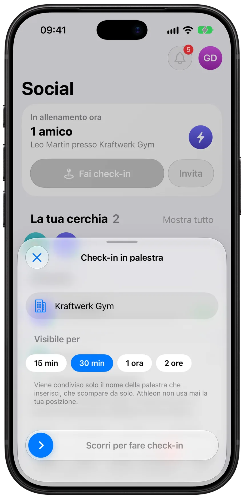 Il pannello del check-in in palestra in Athleon, che fa sapere alla tua cerchia che sei al Kraftwerk Gym