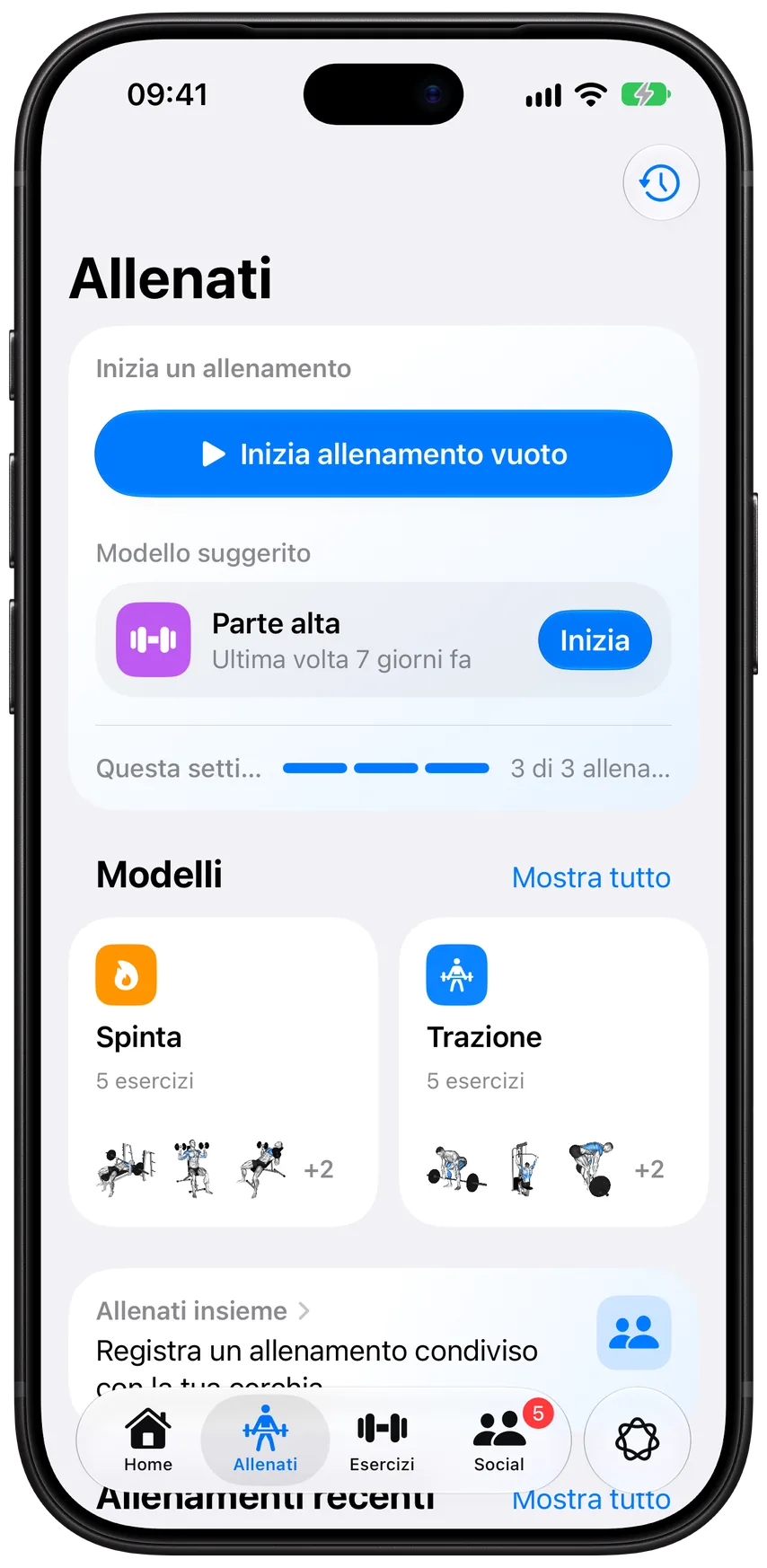 La scheda Allenati di Athleon: il prossimo allenamento pronto da avviare, i progressi di questa settimana e i tuoi modelli