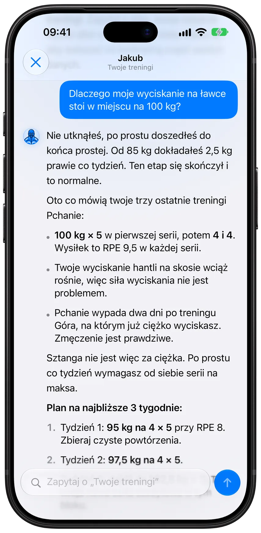Pytanie do Jakuba w Athleonie, dlaczego wyciskanie na ławce utknęło w okolicach 100 kg, i odpowiedź Jakuba oparta na zapisanych seriach
