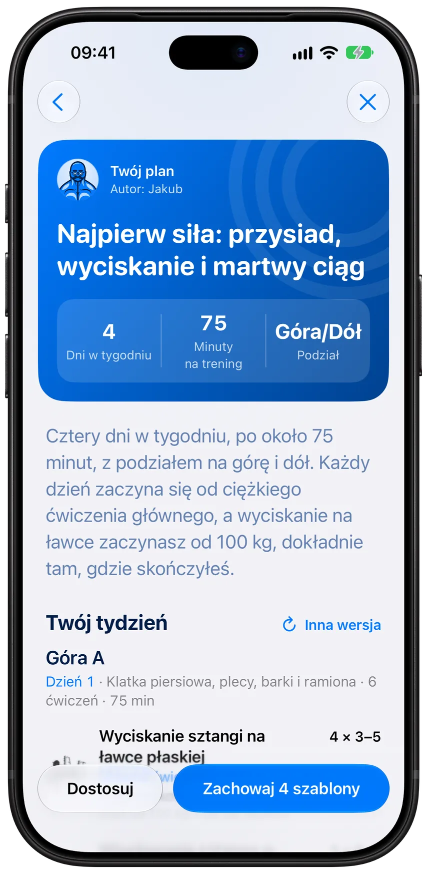 Plan ułożony z Jakubem w Athleonie: cztery dni w tygodniu, 75 minut na trening, dni na górę i dół ciała, gotowy do zapisania jako szablony