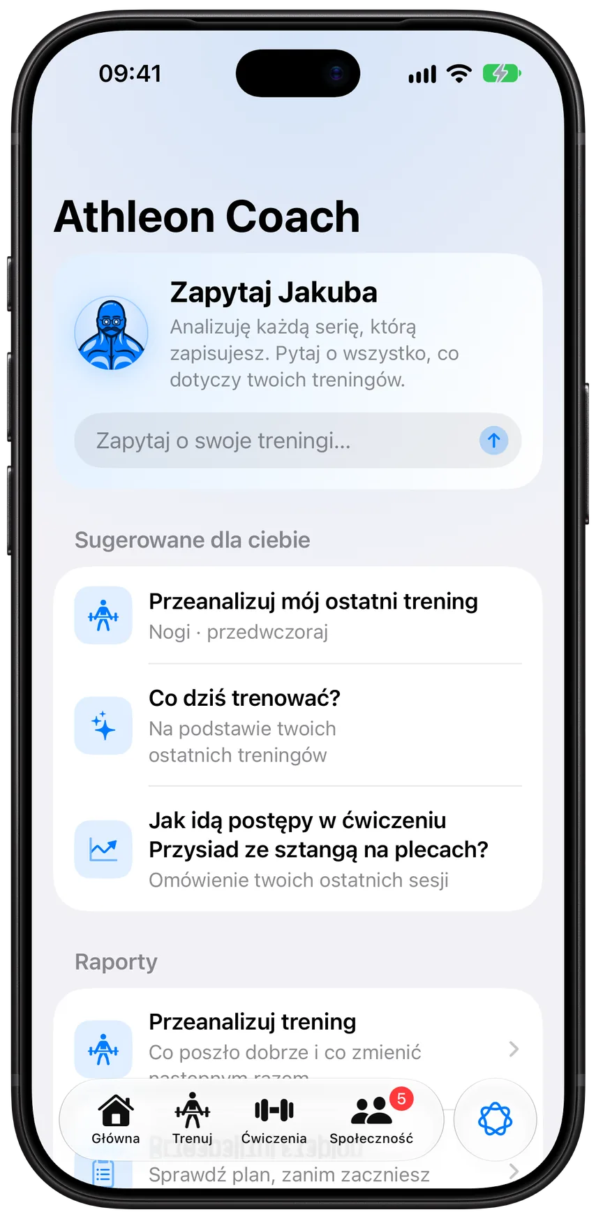 Karta Coach w Athleonie: „Zapytaj Jakuba”, pytania sugerowane dla ciebie i początek sekcji Raporty