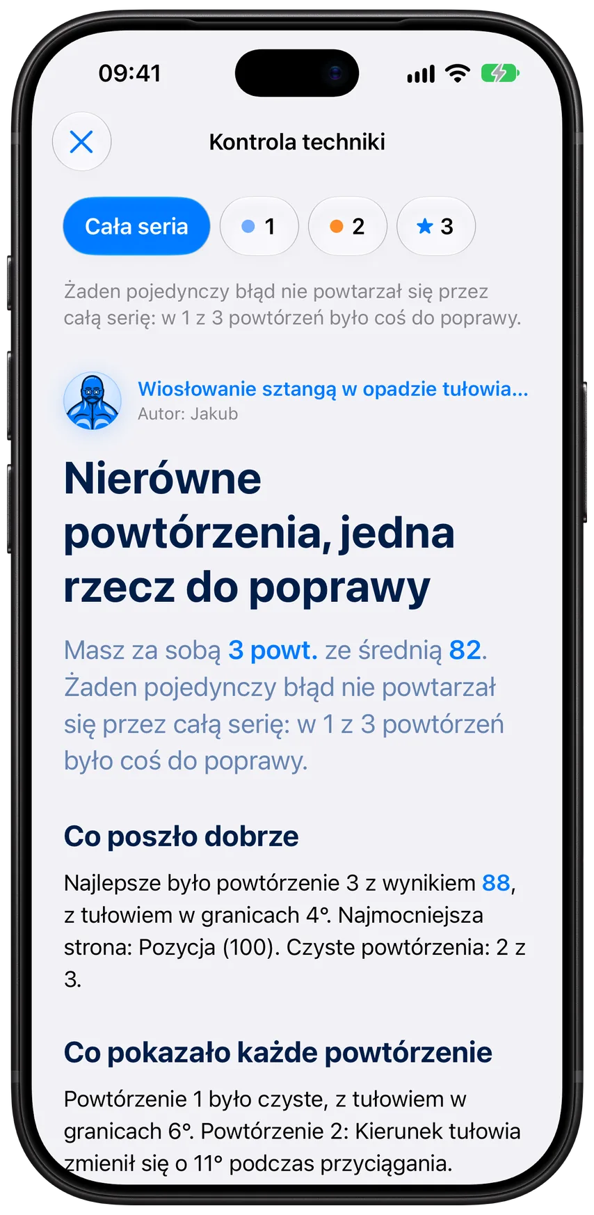 Raport Kontroli techniki w Athleonie: werdykt Jakuba dotyczący serii wiosłowania sztangą, znacznik dla każdego powtórzenia i to, co poszło dobrze