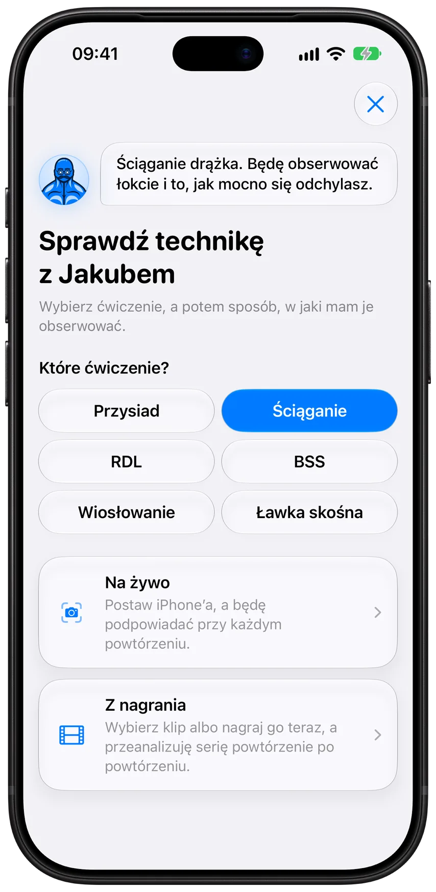 Rozpoczęcie Kontroli techniki z Jakubem w Athleonie: wybór jednego z sześciu bojów, a potem sprawdzenie na żywo lub z nagrania