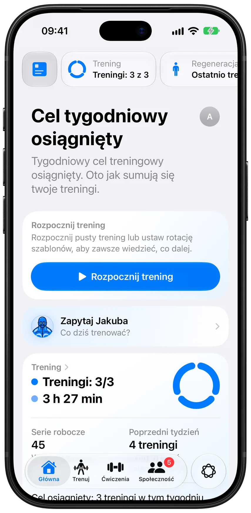 Karta Główna w Athleonie: osiągnięty cel tygodniowy, przyciski „Rozpocznij trening” i „Zapytaj Jakuba” oraz pierścień treningów z tego tygodnia