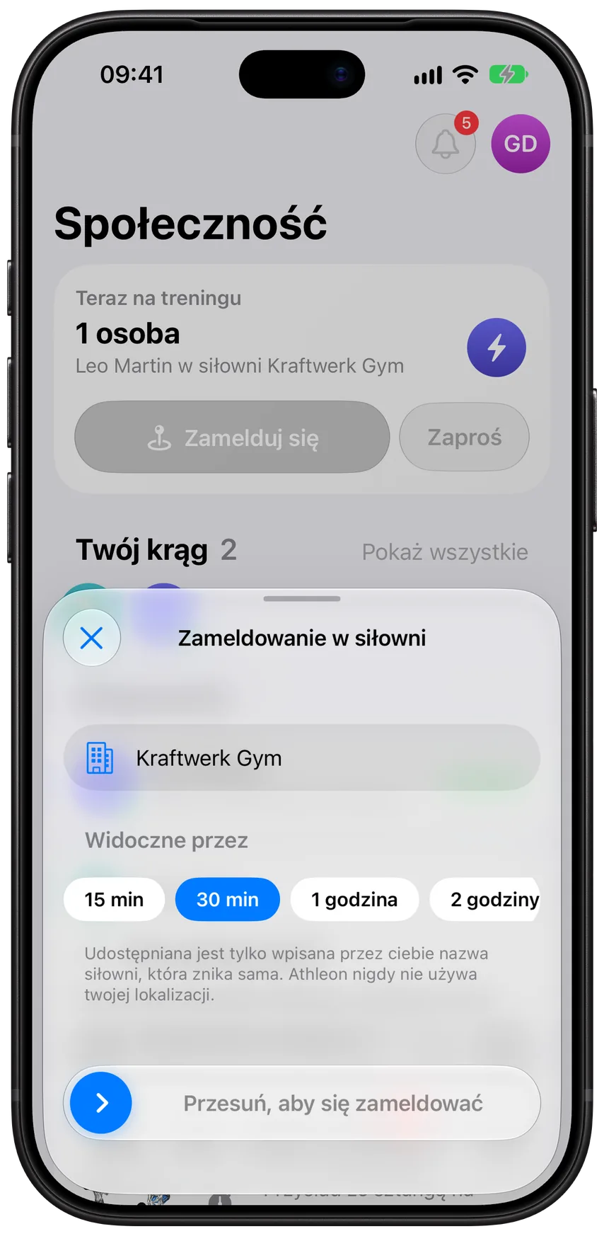 Okno zameldowania w siłowni w Athleonie, dzięki któremu twój krąg wie, że jesteś w Kraftwerk Gym