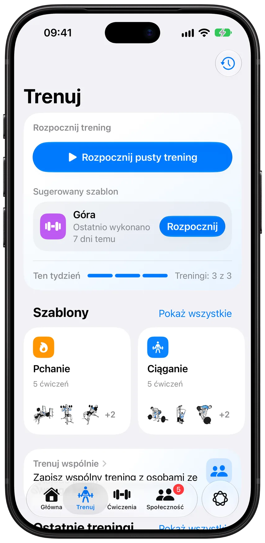 Karta Trenuj w Athleonie: następny trening gotowy do rozpoczęcia, postępy z tego tygodnia i twoje szablony