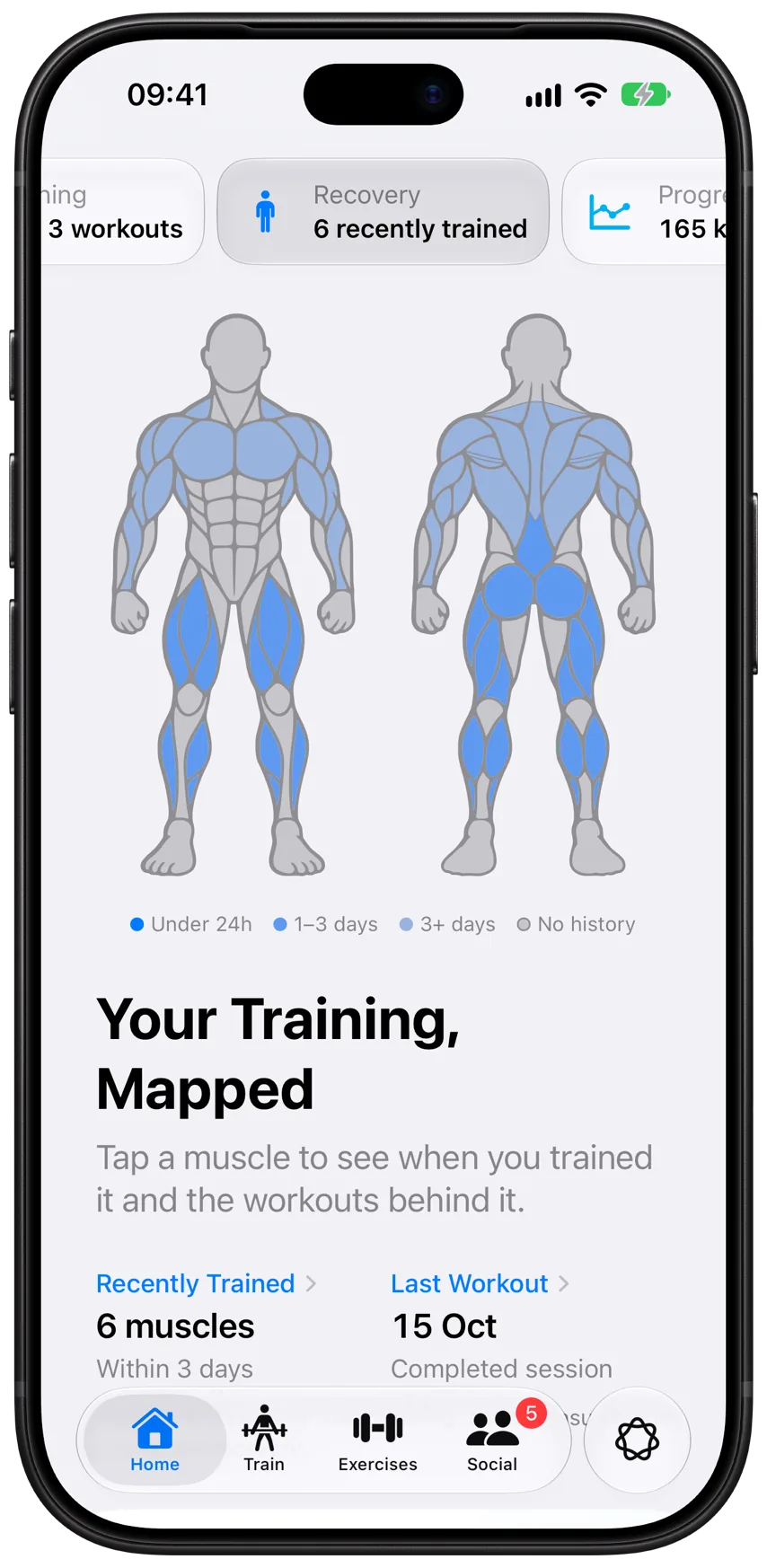 Athleon’s Recovery page: front and back muscle maps of the muscles trained in the last few days