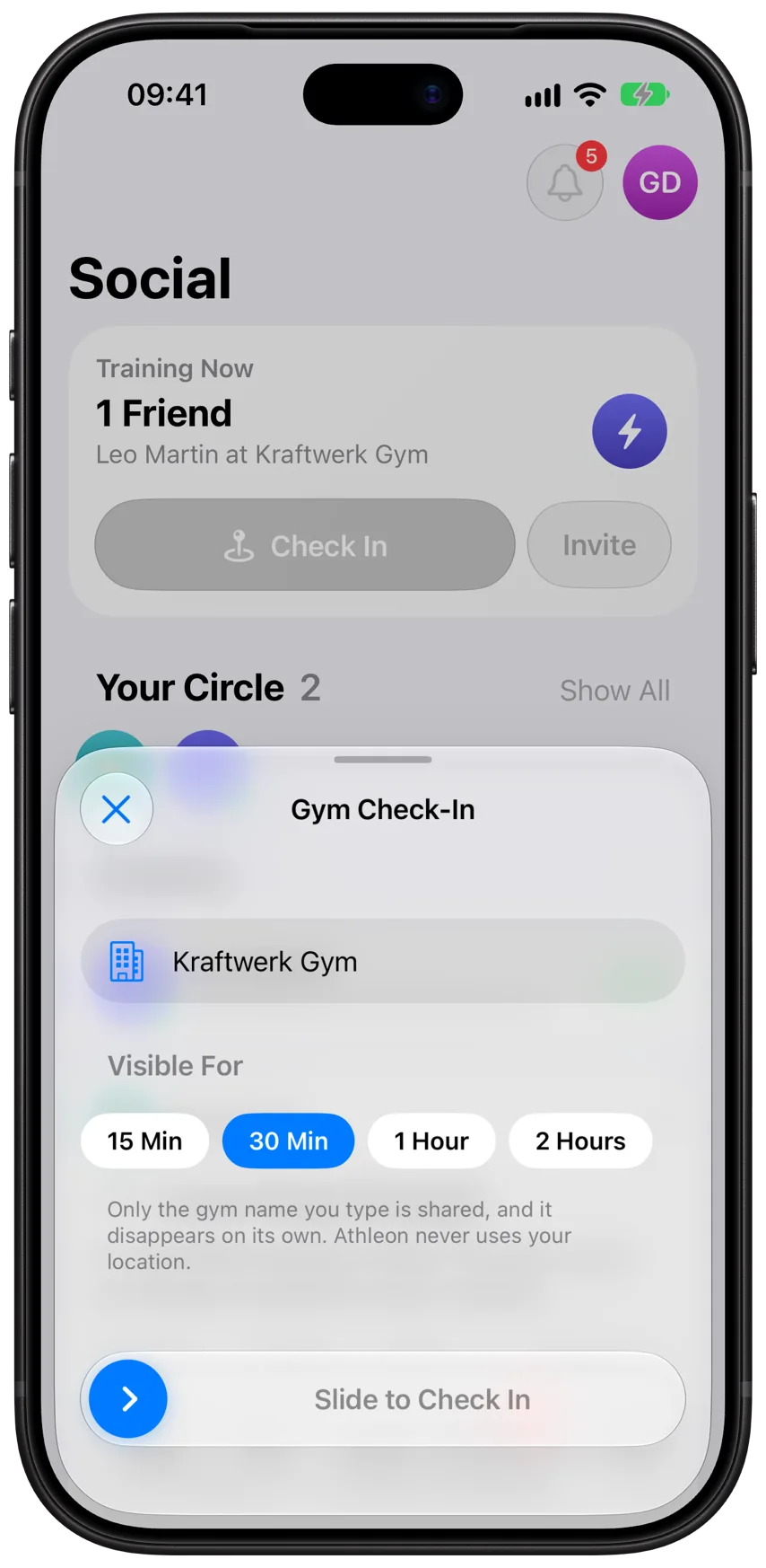 The gym check-in sheet in Athleon, letting your circle know you’re at Kraftwerk Gym