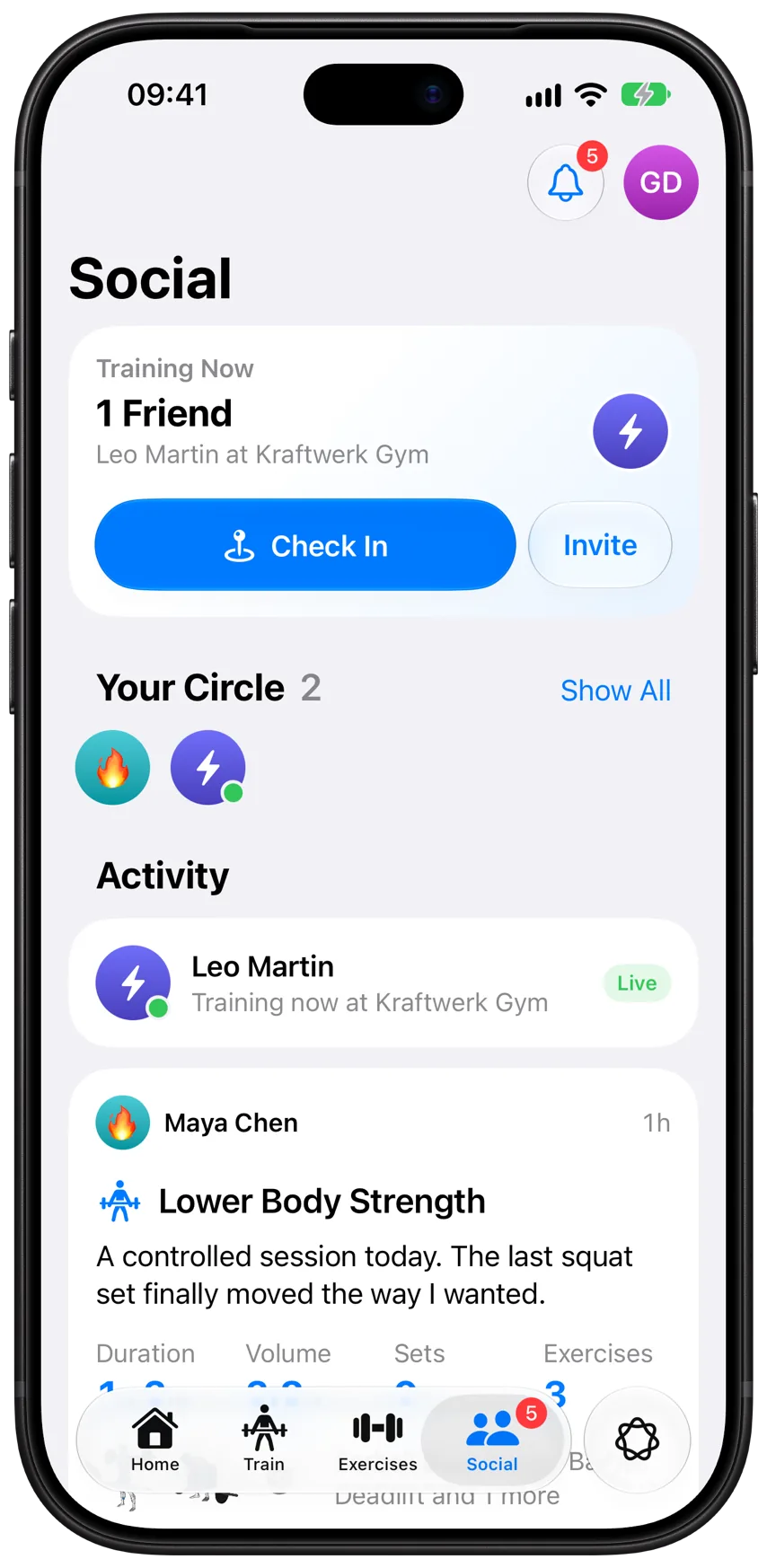 Athleon’s Social tab: a friend training now, your circle and their latest workouts