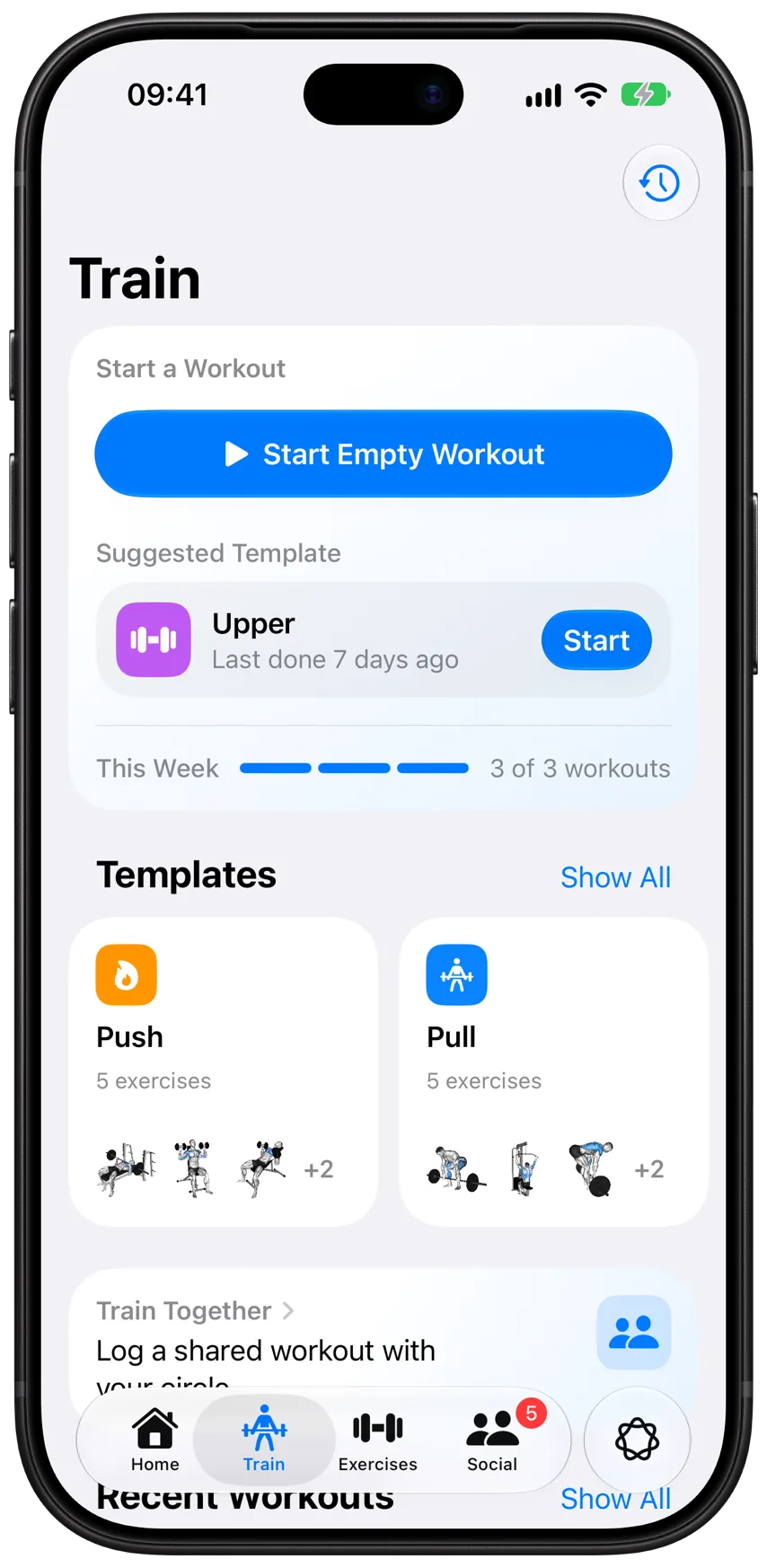 Athleon’s Train tab: the next workout ready to start, this week’s progress and your templates