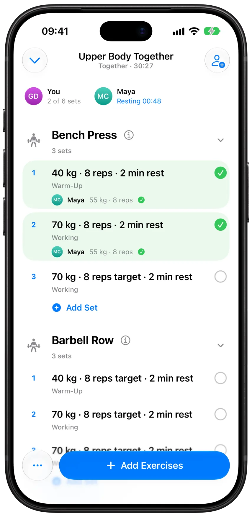 Training together in Athleon: an upper body workout shared by you and Maya, with her weights and reps under each of your sets