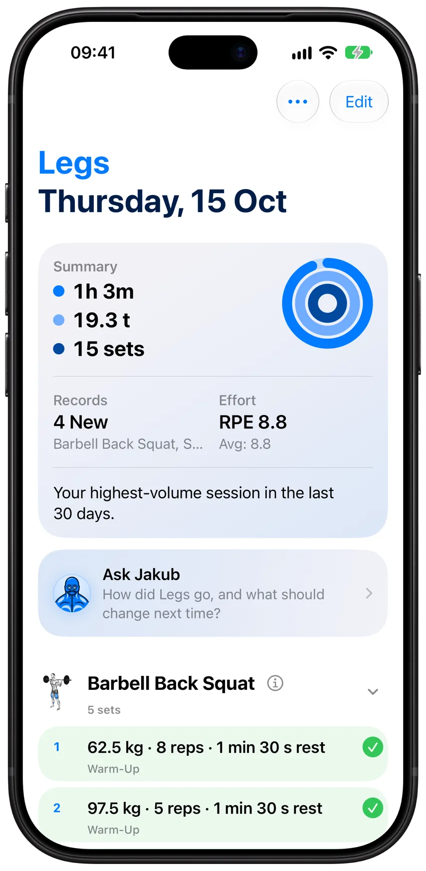 A finished Legs workout in Athleon: just over an hour, 19.3 tonnes lifted, 15 sets and four new records